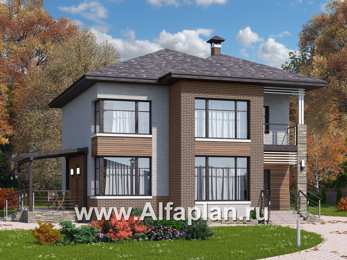 «Печора» - проект двухэтажного дома, в современном стиле, планировка с сауной и с террасой - основное изображение