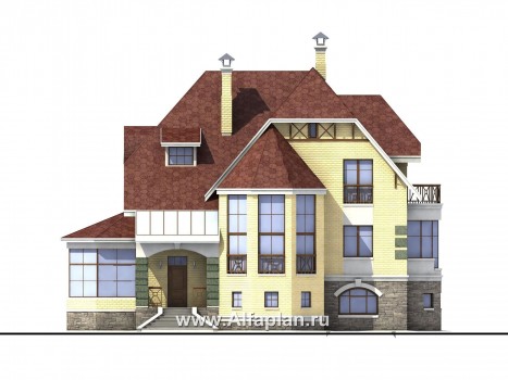 «Каменный остров» - проект дома с цокольным этажом, эркером, гостиная со вторым светом - превью фасада дома