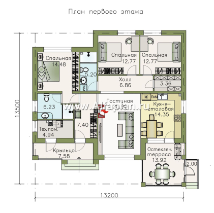 Проекты домов Альфаплан - «Теплый очаг» - экономичный одноэтажный дом - превью плана проекта №1