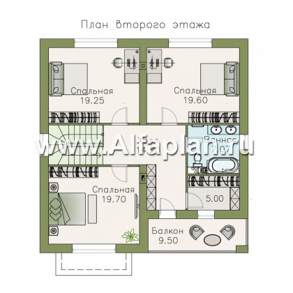 «Вереск» - проект двухэтажного дома, с эркером и с балконом, планировка дома 4 спальни площадью 19,5м2 каждая - превью план дома