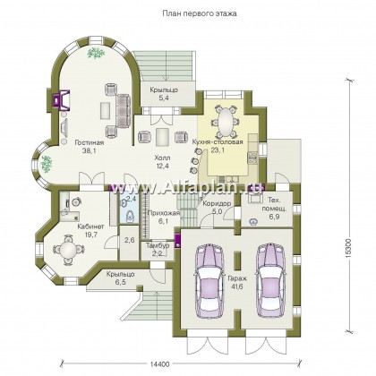 Проекты домов Альфаплан - «Паркон» - коттедж с угловой башенкой - превью плана проекта №1