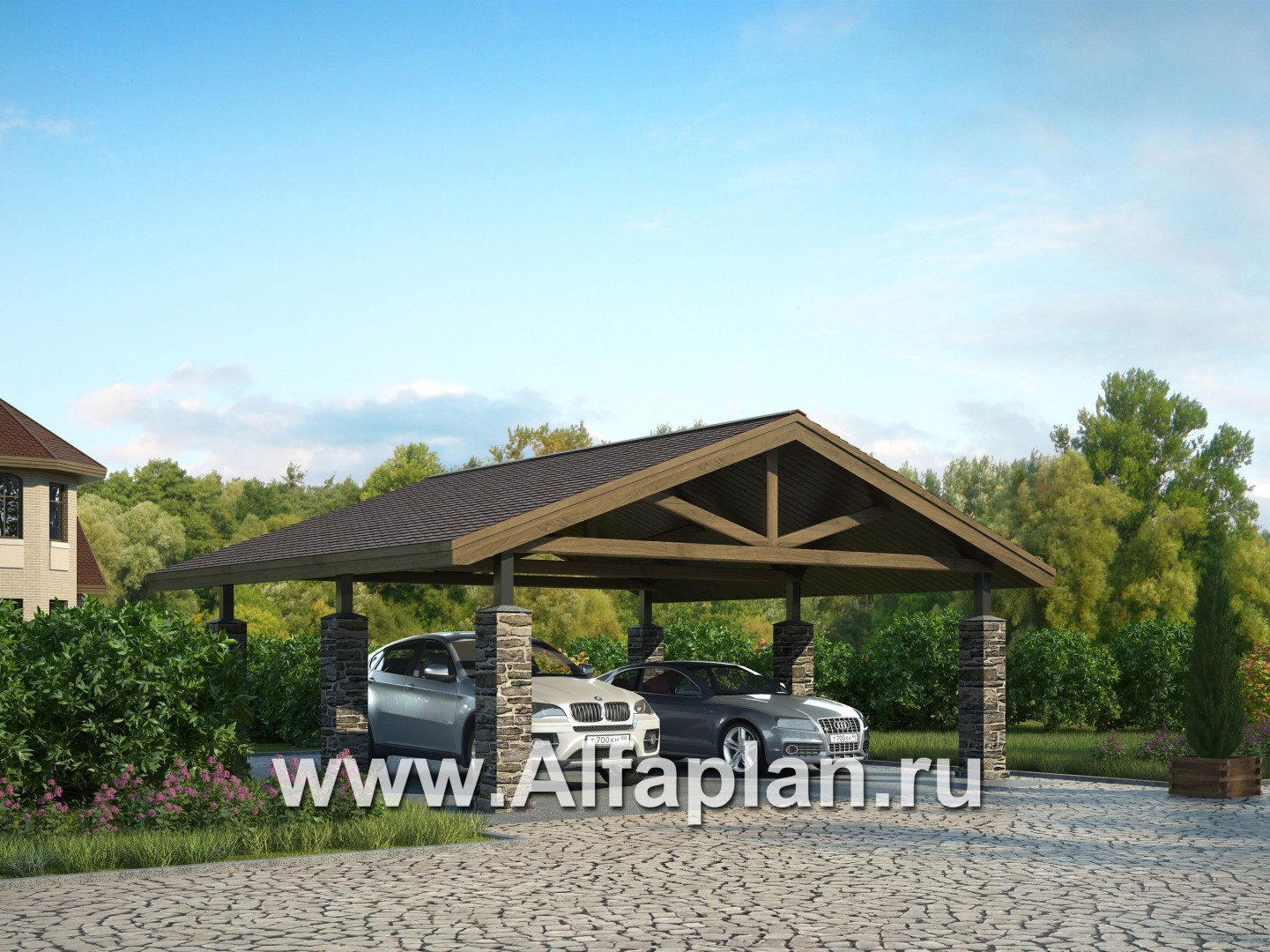 Гараж-навес на 2 авто, с пирамидальной крышей - основное изображение