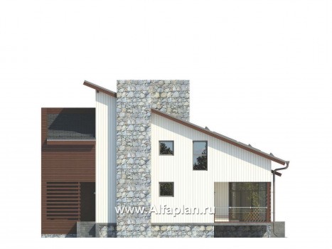Проект дома с мансардой, план с камином, 2 спальни и сауна на 1 эт, с террасой и с балконом, в стиле хай-тек - превью фасада дома