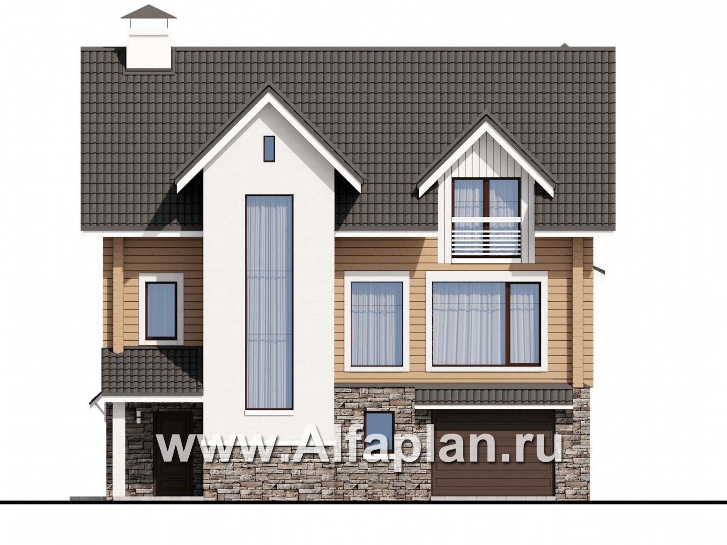 «АльфаВУД» - проект дома с мансардой, из дерева, на цоколе из кирпича, с сауной и с гаражом - фасад дома