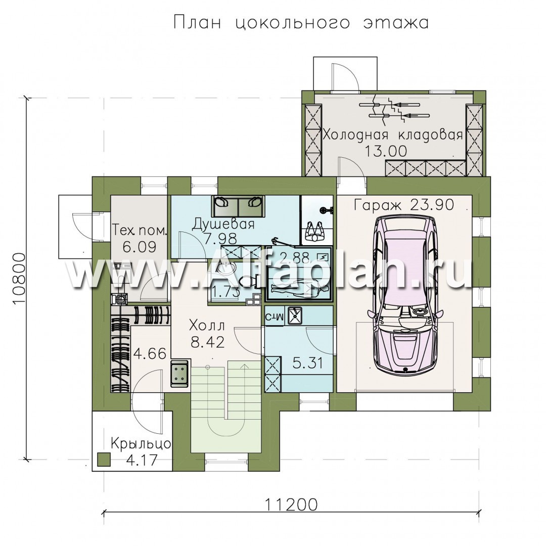 «АльфаВУД» - проект дома с мансардой, из дерева, на цоколе из кирпича, с сауной и с гаражом - план дома