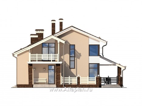 Проект дома с мансардой, планировка с кабинетом на 1 эт и навесом на 2 авто, с угловой террасой, в стиле минимализм - превью фасада дома