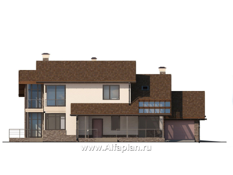 Проект дома с мансардой, план со спальней на 1 эт и мастер спальня на 2 эт, с террасой и гаражом, в современном стиле - превью фасада дома