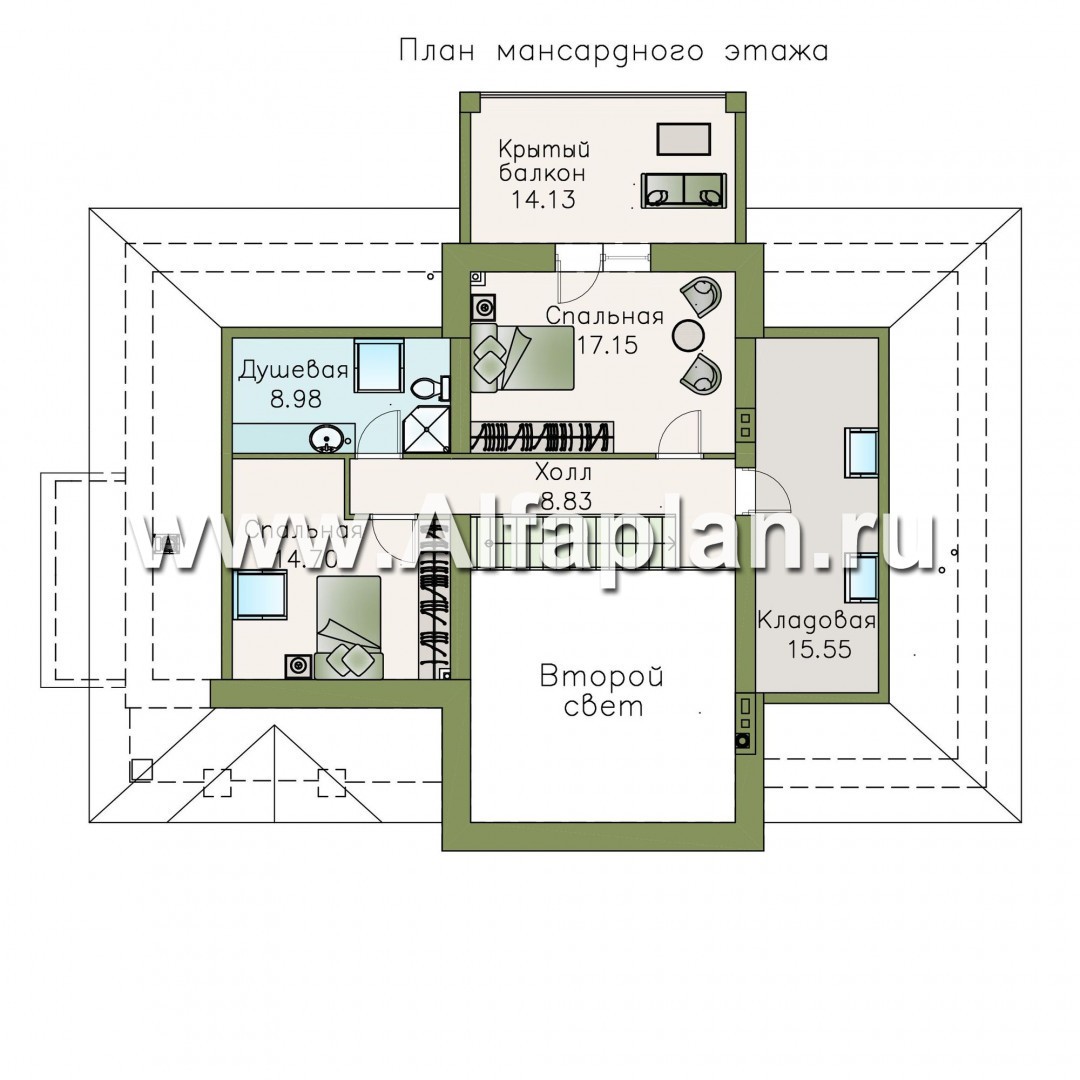 Проекты домов Альфаплан - «Волга» - коттедж с цоколем, тремя жилыми комнатами на 1 этаже и жилой мансардой - план проекта №3