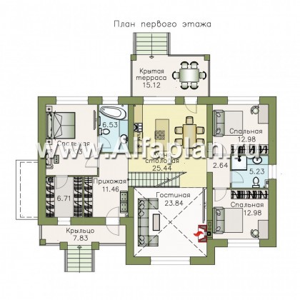 Проекты домов Альфаплан - «Волга» - коттедж с цоколем, тремя жилыми комнатами на 1 этаже и жилой мансардой - превью плана проекта №2