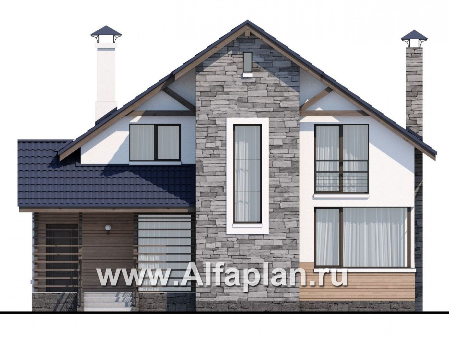 «Валаам» - проект  современного дома с мансардой, с угловым остеклением гостиной, в стиле шале - фасад дома