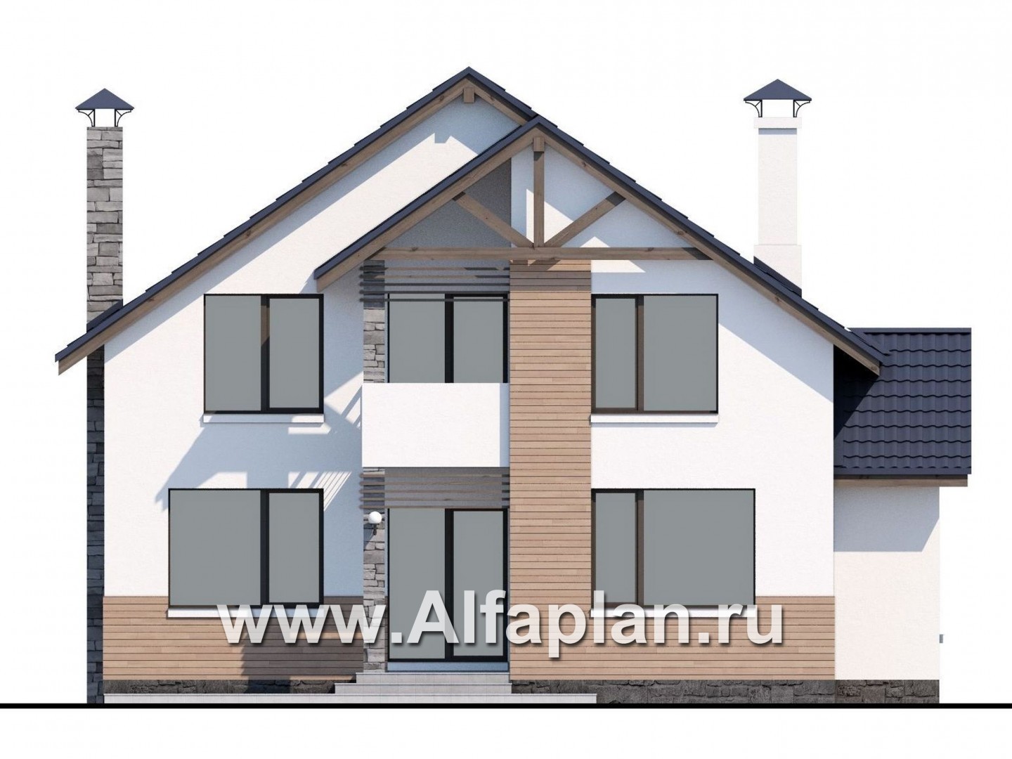 «Валаам» - проект  современного дома с мансардой, с угловым остеклением гостиной, в стиле шале - фасад дома