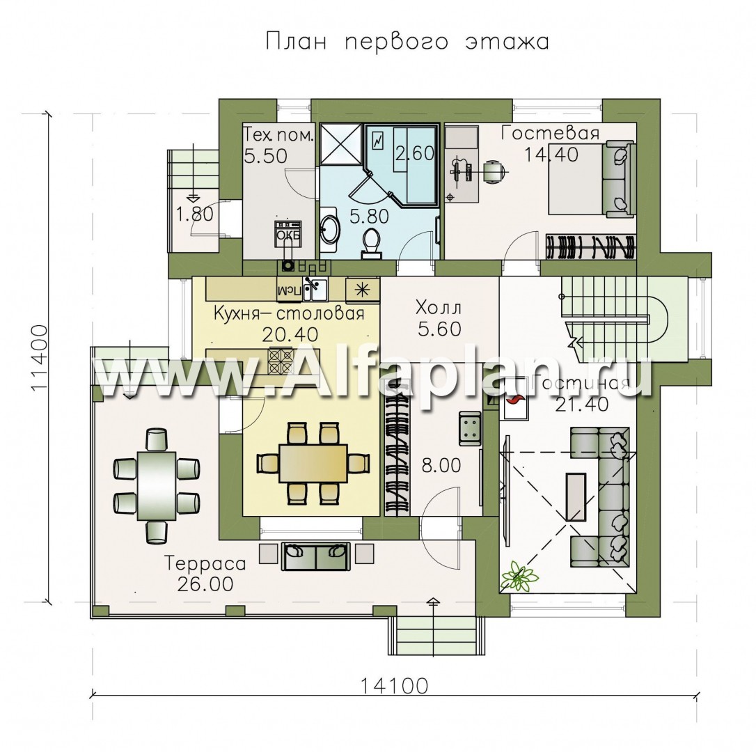 «Роман с камнем» — проект дома, 2 этажа, с двусветной гостиной и с террасой при входе - план дома