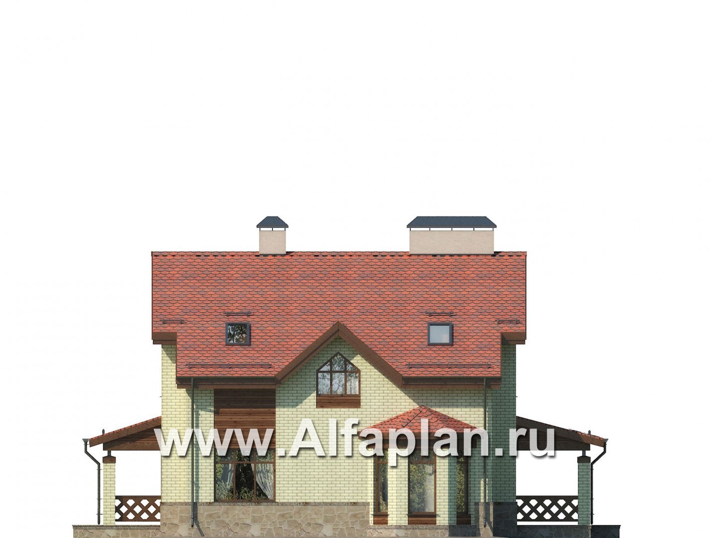 Проект дома с мансардой, планировка с эркером и с террасой,  с сауной - фасад дома