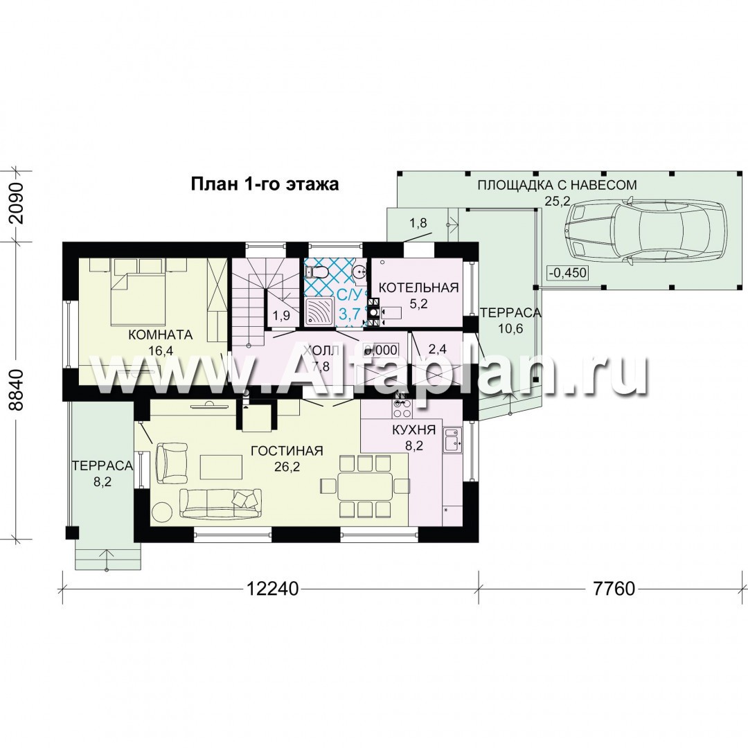 Проект двухэтажного дома,  с навесом на 1 авто, в современном стиле - план дома