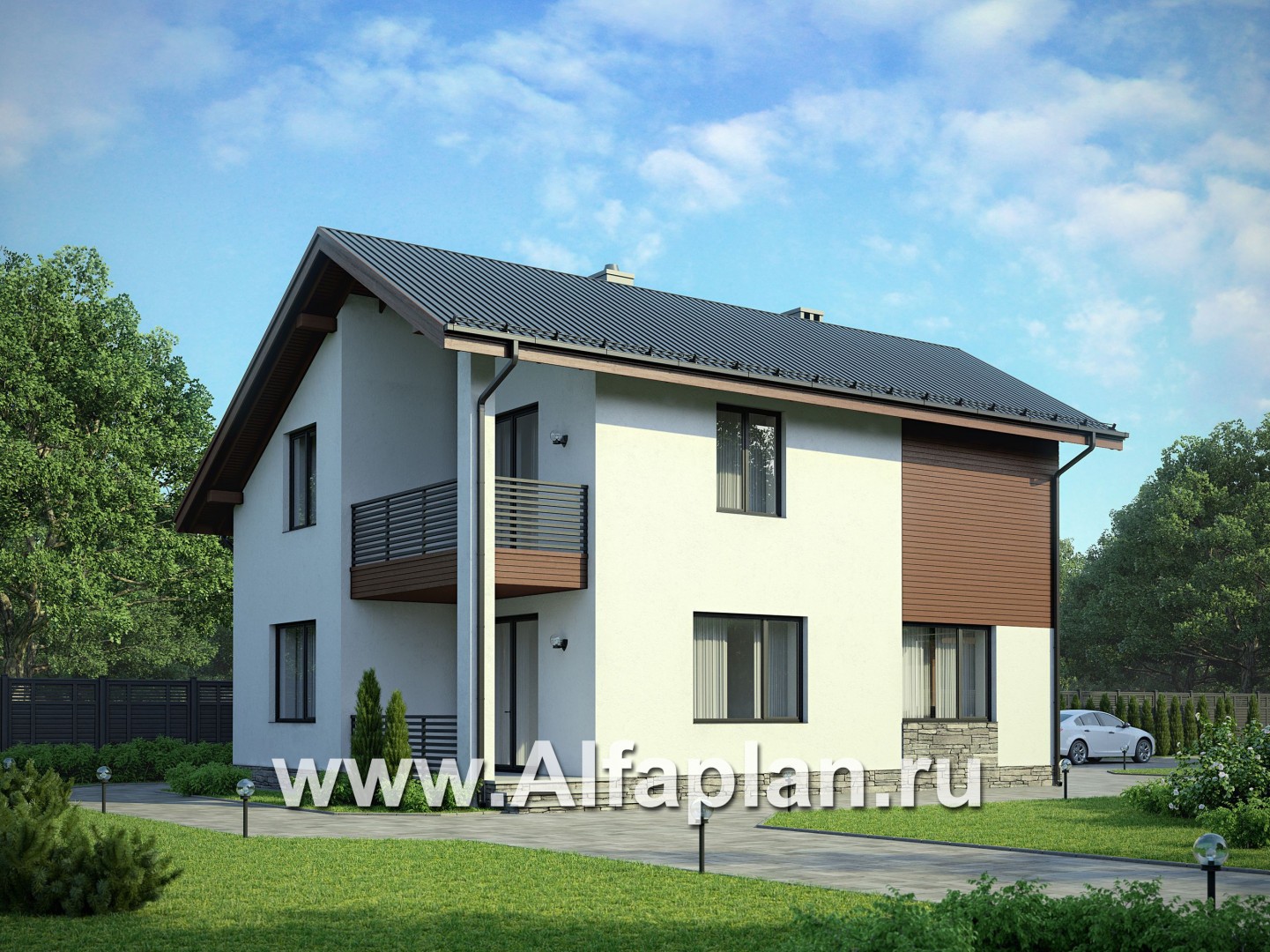 Проект двухэтажного дома,  с навесом на 1 авто, в современном стиле - дизайн дома №1