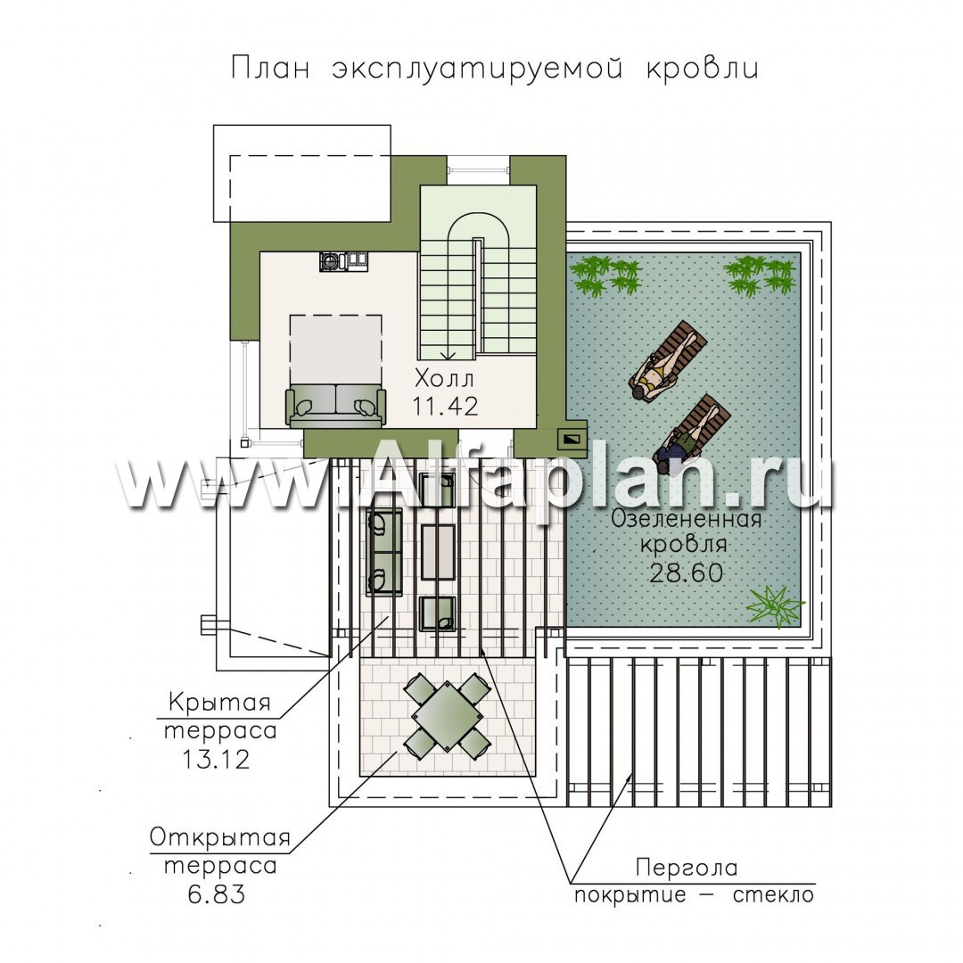 Проекты домов Альфаплан - «Виток спирали» -современный коттедж с «зеленой» плоской кровлей - план проекта №3
