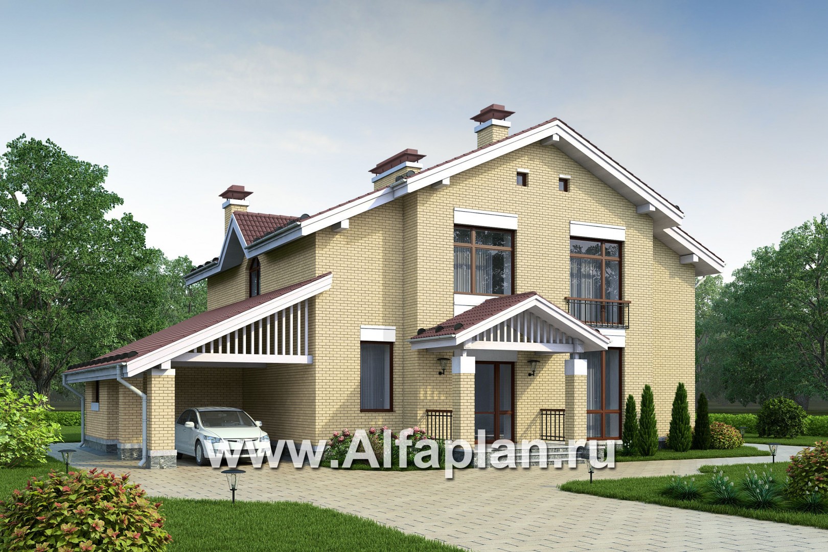Проект двухэтажного дома из кирпича, с террасой и навесом на 1 авто - основное изображение