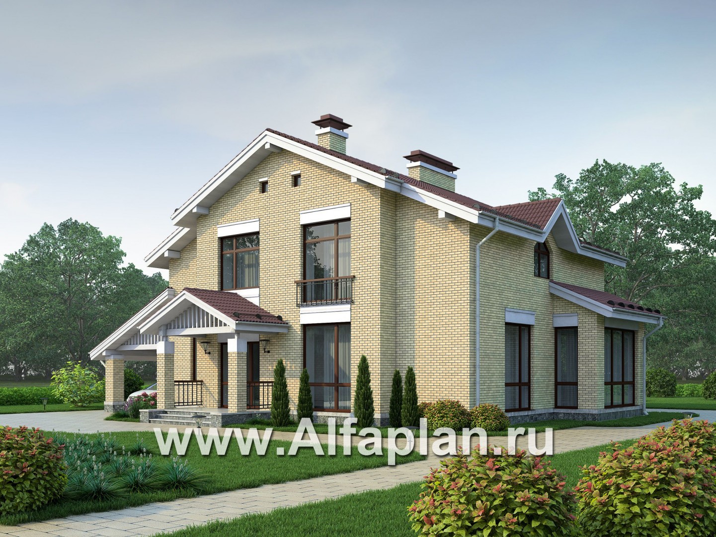 Проект двухэтажного дома из кирпича, с террасой и навесом на 1 авто - дизайн дома №1