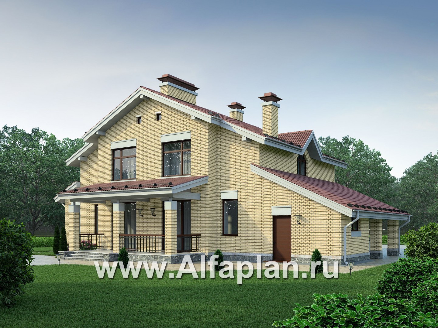 Проект двухэтажного дома из кирпича, с террасой и навесом на 1 авто - дизайн дома №3