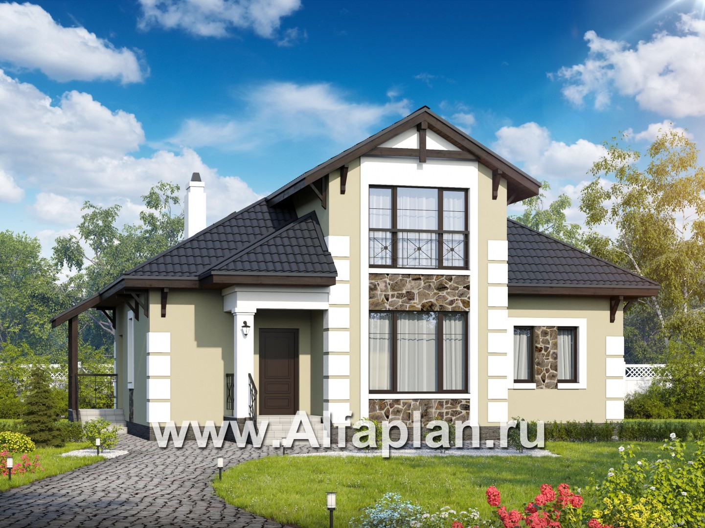 «Простоквашино» - проект дома с мансардой, из газобетона, с террасой, планировка мастер спальня - основное изображение