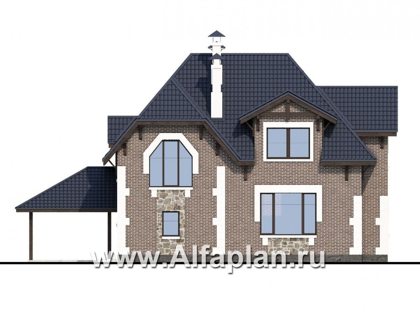 «Корона» - проект дома с мансардой, с эркером и сауной, с гаражом на 1 авто и навесом на 1 авто - фасад дома