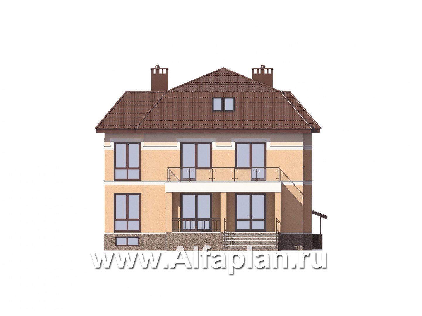 Проект двухэтажного дома с мансардой, планировка с гостевой и спальней на 1 эт, с террасой и с цокольным этажом - фасад дома