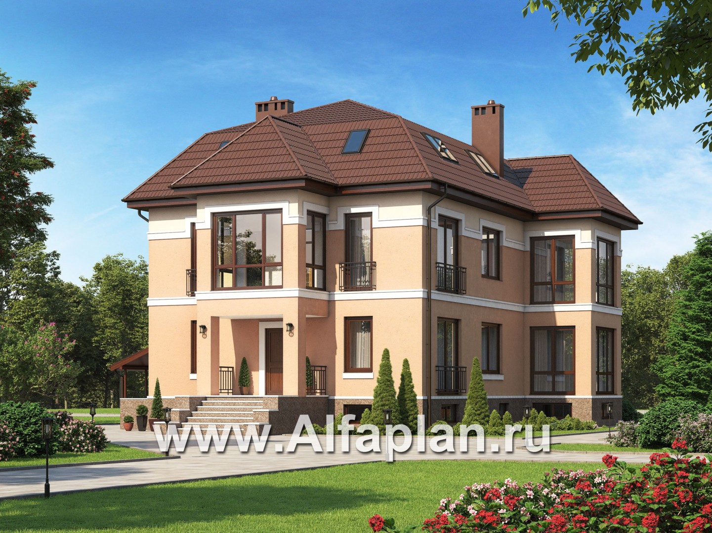 Проект двухэтажного дома с мансардой, планировка с гостевой и спальней на 1 эт, с террасой и с цокольным этажом - основное изображение