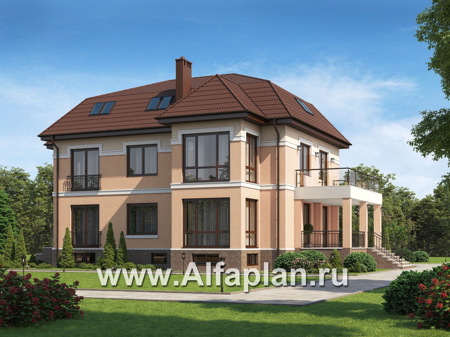 Проект двухэтажного дома с мансардой, планировка с гостевой и спальней на 1 эт, с террасой и с цокольным этажом - дизайн дома №1