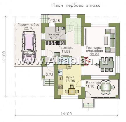 Проекты домов Альфаплан - «Реалист» - загородный дом с верандой и навесом для машины - превью плана проекта №1
