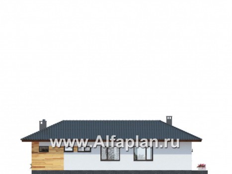 Проект одноэтажного коттеджа из газобетона, план 3 спальни и сауна, с террасой, в современном стиле - превью фасада дома