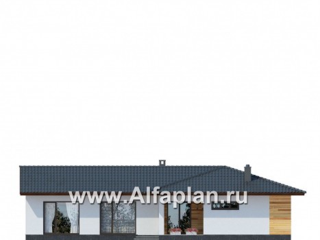 Проект одноэтажного коттеджа из газобетона, план 3 спальни и сауна, с террасой, в современном стиле - превью фасада дома