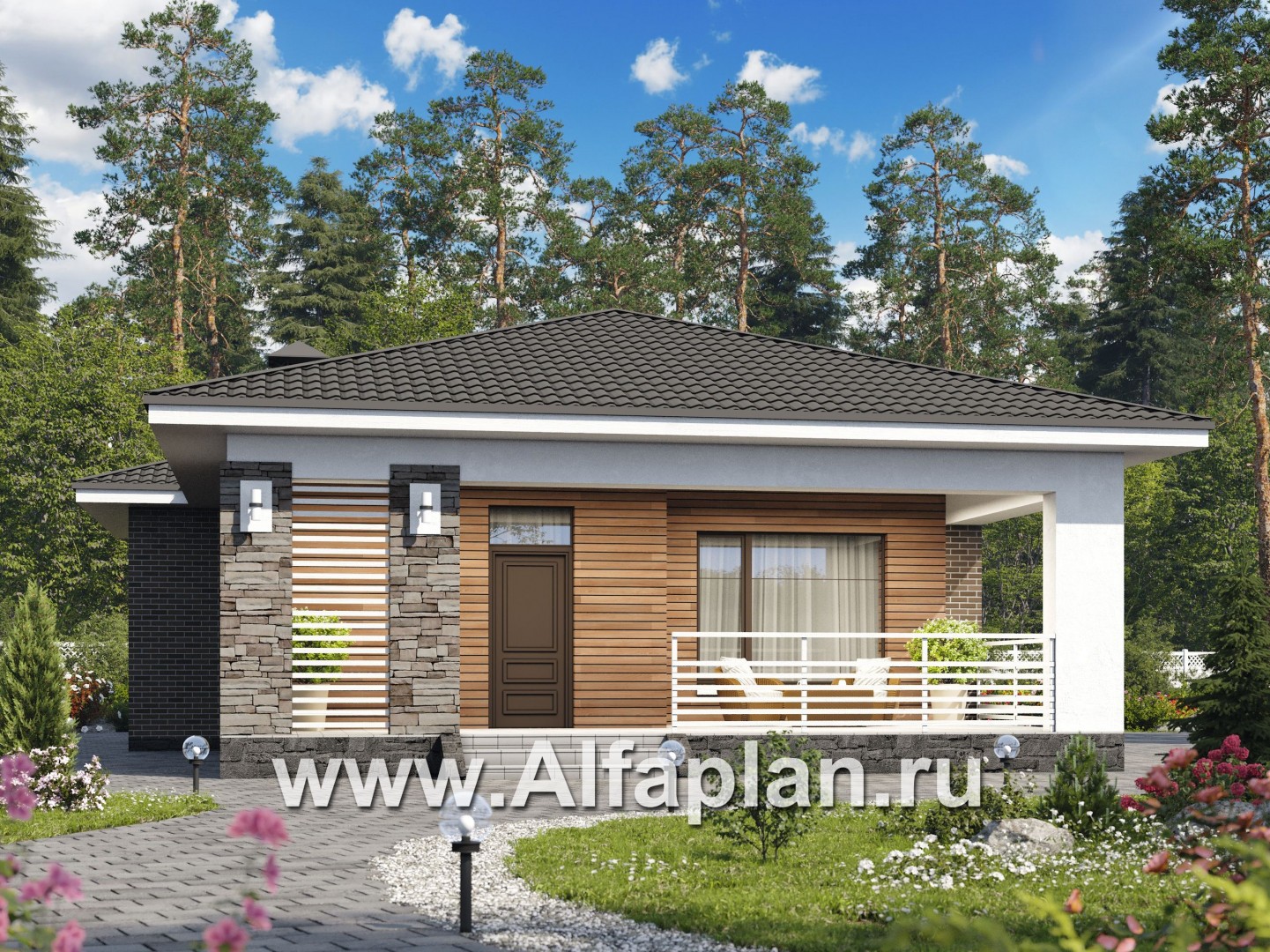 «Гестия» - проект одноэтажного дома, с большой террасой со стороны входа, в современном стиле - основное изображение