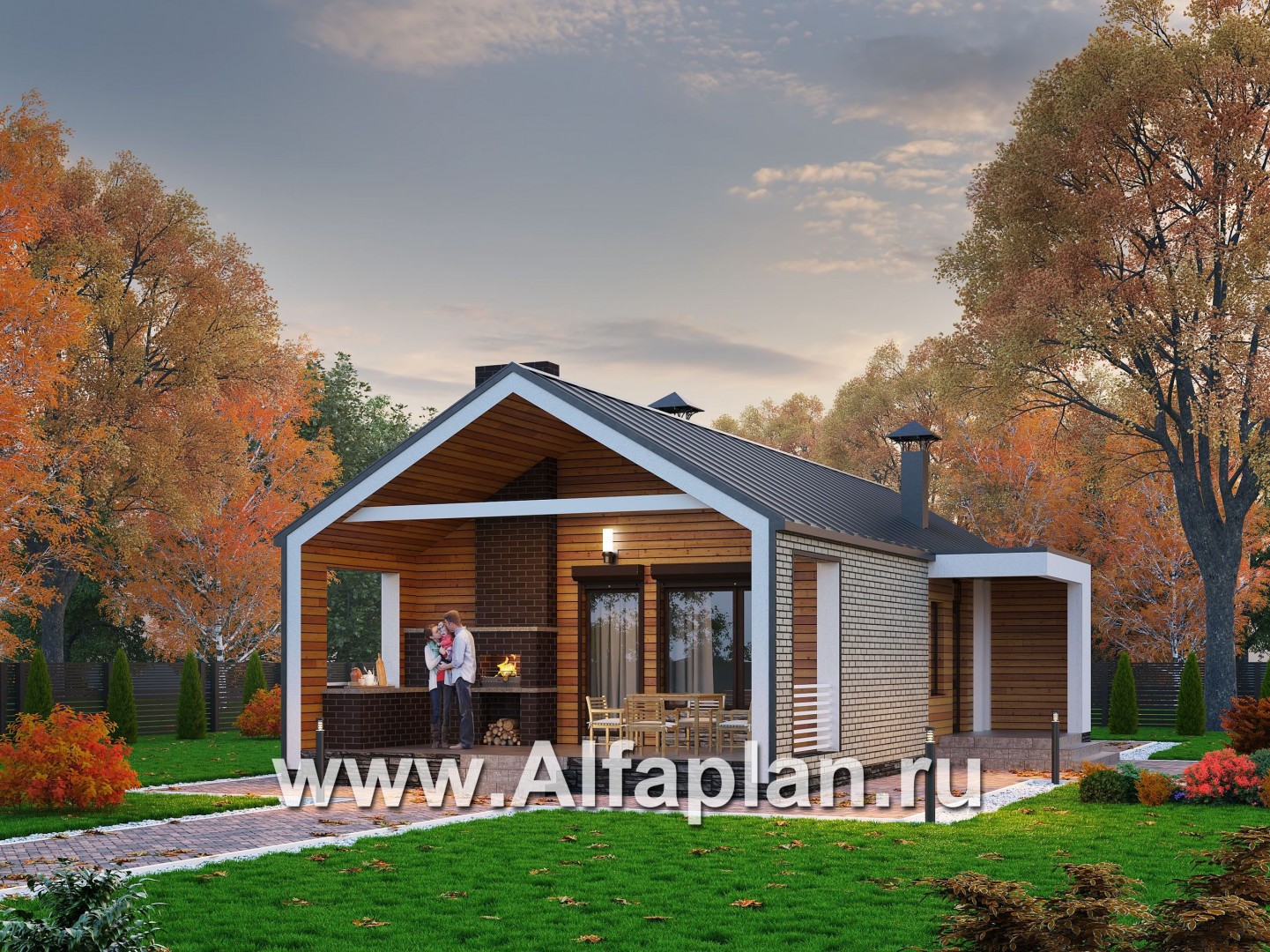 «Тета» -  проект одноэтажного дома в стиле барнхаус, с террасой и барбекю на террасе, 2 спальни - основное изображение